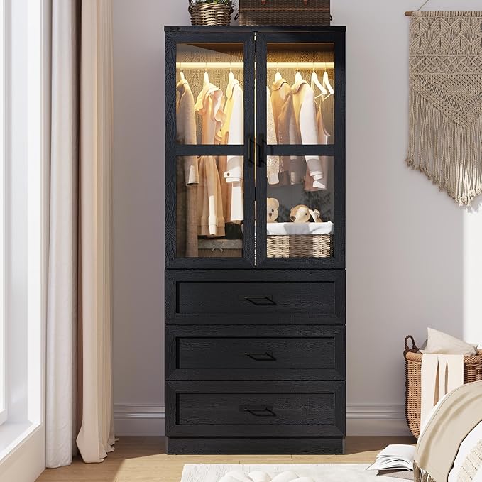 75" Tall Farmhouse 2 Doors Armoire Wardrobe Closet with 3 Drawers and LED,Freestanding Closet Wardrobe Cabinet for Bedroom with Hanging Rod,Wooden Armoire Storage Cabinet with Adjustable shelve(Black)