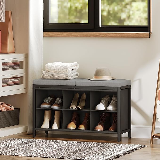 YATINEY Shoe Storage Bench with Cushion, Entryway Bench, Shoe Rack with Padded Seat and 6 Oxford Compartments, for Closet, Bedroom, Entryway, Black and Gray HX01BK