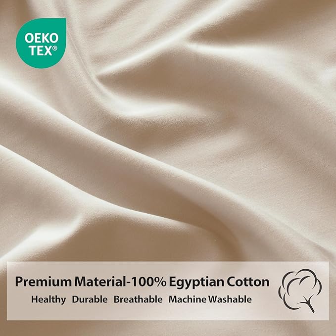 2-Pack Pure Cotton Bottom Sheet Full Size, 600 Thread Count 16" Deep Pocket Egyptian Cotton Fitted Sheet (2-Pack, Full, Beige)