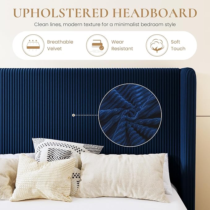 SHA CERLIN Queen Size Corduroy Upholstered Platform Bed Frame with Vertical Channel Tufted Wingback Headboard, 8" Under Bed Storage, Wooden Slats & Metal Frame Support, Easy Assembly, Dark Blue