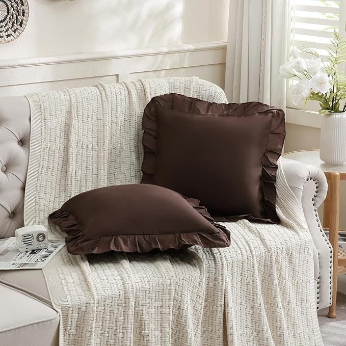 Merryword Chocolate Pillowcases 18x18 Dark Brown Throw Pillow Covers Pack of 2 Soft Microfiber Ruffle Decorative Pillowcase Cushion for Couch Sofa Bedroom