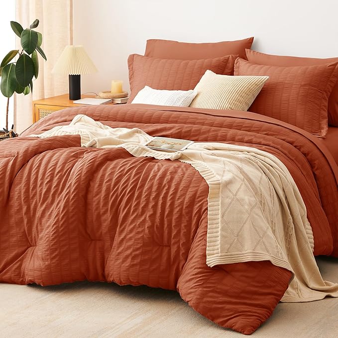 CozyLux Full Size Comforter Sets with Sheets 7 Pieces, Burnt Orange Seersucker Bed in a Bag Textured Luxury Soft Bedding Sets with Down Alternative Comforter, Sheets, Pillowcases & Shams, Terracotta