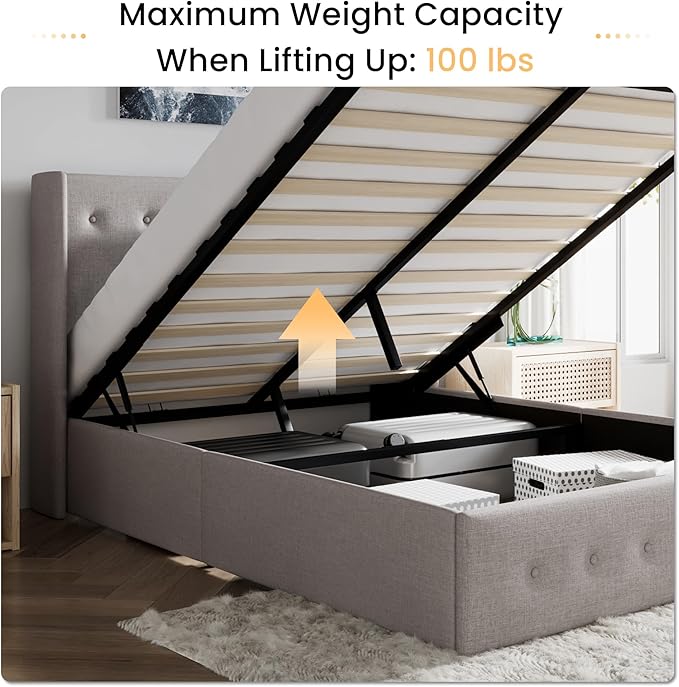 SHA CERLIN Queen Size Lift Up Storage Bed Frame,Button Tufted Wingback Headboard,Upholstered Platform,Hydraulic Storage,Wooden Slat Support,No Box Spring,Light Beige