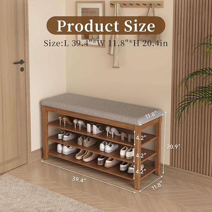 SolidWood Entryway Shoe Storage Bench, Flip-Top Soft-Close Lid, Adjustable Shelves, Cushioned Entryway Shoe Rack Organizer,Hallway, Closet, Foyer 39.4''