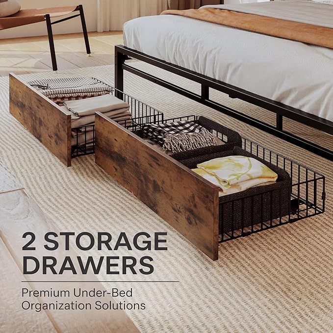 LIKIMIO King Size Bed Frame with Storage Headboard, Platform King Bed with 2 Drawers and Charging Station, Heavy-Duty Metal Slats, No Box Spring Needed, Easy Assembly, Retro Brown
