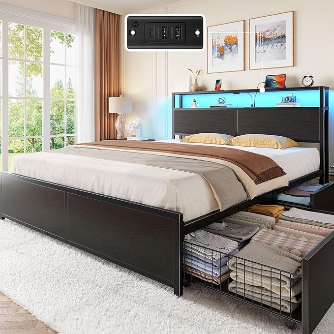 Rolanstar Full Size Bed Frame with 4 Storage Drawers, Charging Station and LED Lights, Metal Platform Bed with 2-Tier Storage Headboard, No Box Spring Needed, Easy Assembly, Noise-Free, Black
