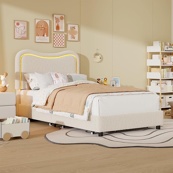 GarveeHome Upholstered LED Twin Bed Frames for Kids with 2 Drawers and Headboard, Cute Twin Bed with Storage for Girls, Boys, Sturdy Platform Bed, No Box Spring Needed, Wooden Slats, Noise Free, Beige