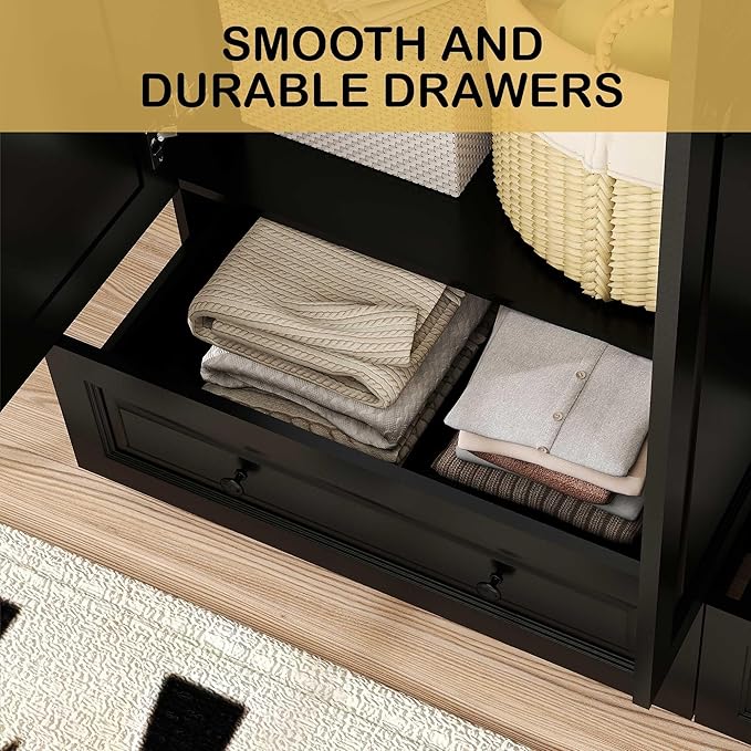 Armoire Wardrobe Closet with Drawers: 47" Black Wardrobe Closet with 3 Doors and 2 Drawers, Wood Clothes Armoire with Hanging Rod, Clothing Storage Cabinet for Bedroom