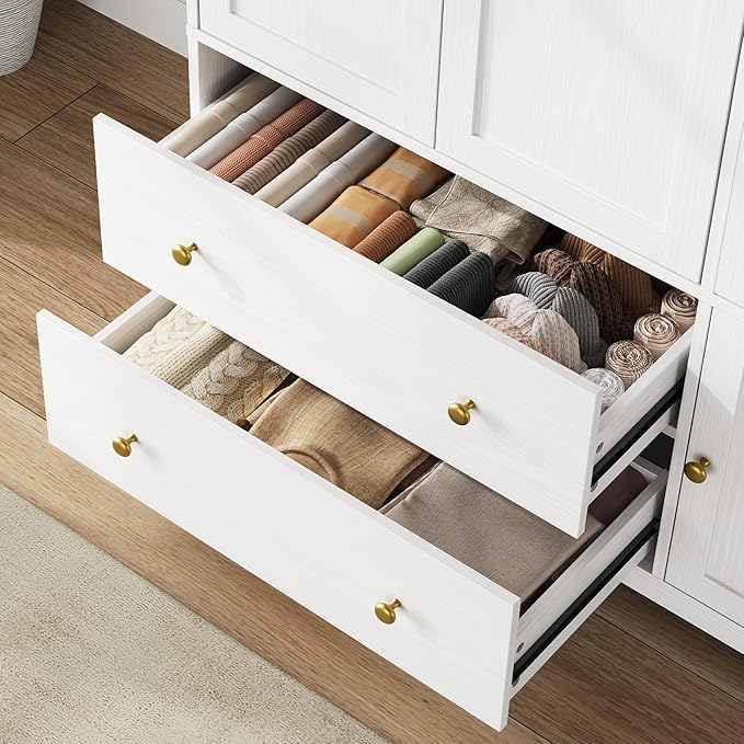ONBRILL 3 Doors Wooden Wardrobe Closet Armoire with Pull Out Pants Rack, Bedroom Large Capacity Armoire with Drawers and Shelves, Storage Cabinet for Hanging Clothes, White