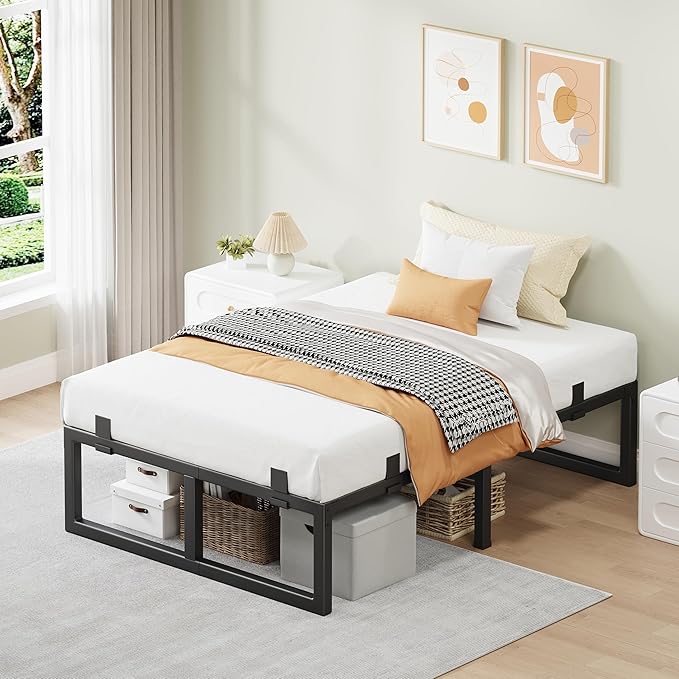 Twin Bed Frames, 14 Inch Metal Platform Bed Frame with Squeak Free U-Slot Design, 6 Non-Slip Guards, 3500lbs Heavy Duty Steel Slat Support, No Box Spring Needed, Under Bed Storage, Black