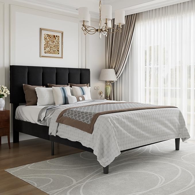 VECELO Full Bed Frame with Upholstered Headboard, Heavy-Duty Platform Bedframe with Strong Wooden Slats Support, No Boxing Spring Needed, Velvet & Black