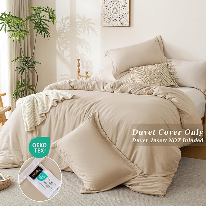 MILDLY Super Soft Duvet Cover - 100% Washed Microfiber Light Khaki Comforter Cover Set 3 Pieces with Zipper Closure & Corner Ties (No Comforter)