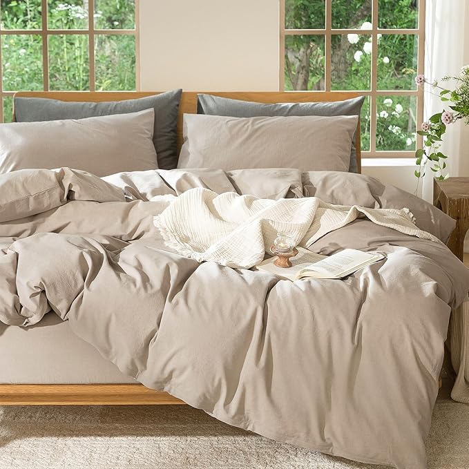 MooMee Bedding Duvet Cover Set 100% Washed Cotton Linen Like Textured Breathable Durable Soft Comfy (Heathered Taupe, Cal King 104"x98")