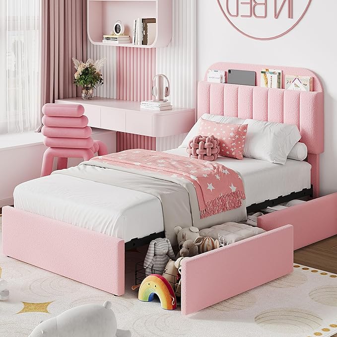 IDEALHOUSE Twin XL Bed Frame for Kids, Boucle Upholstered Platform Bed for Girls with 2 Flexible Drawers, Bookcase Headboard, Noise-Free, Easy Assembly, No Box Spring Needed, Pink