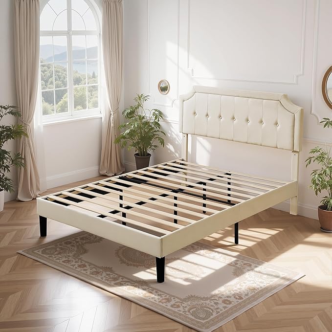 VECELO Full Size Platform Bed Frame with Fabric Upholstered Headboard and Wooden Slats Support, No Box Spring Needed/Easy Assembly,Light Beige