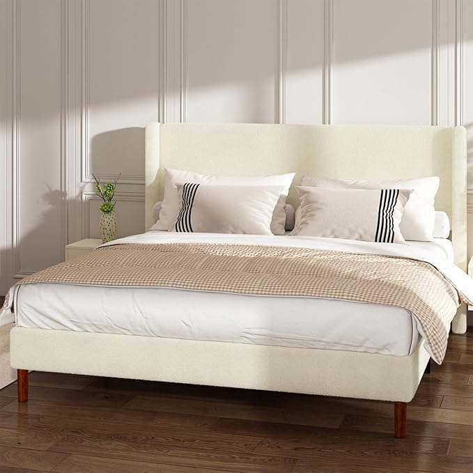 King Boucle Bed Frame, Platform Bed with Upholstered Wingback Headboard, Strong Wooden Slats Support, Noise-Free, No Box Spring Needed, Easy Assembly, Beige
