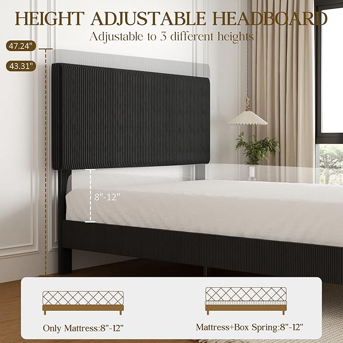 Queen Size Bed Frame, Upholstered Platform Bed with Adjustable Headboard, Vertical Fluted Tufted, Soft Corduroy Fabric, Wooden Slats Support, No Box Spring Needed, Easy Assembly, Black