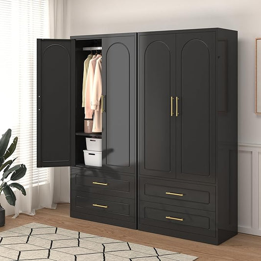 Metal Wardrobe Cabinets with Drawers,Black Armoire Wardrobe Closet with Hanging Rod,Clothes Storage Cabinet with Adjustable Shelves and Doors,Clothing Cabinet for Bedroom, Office, Laundry Room