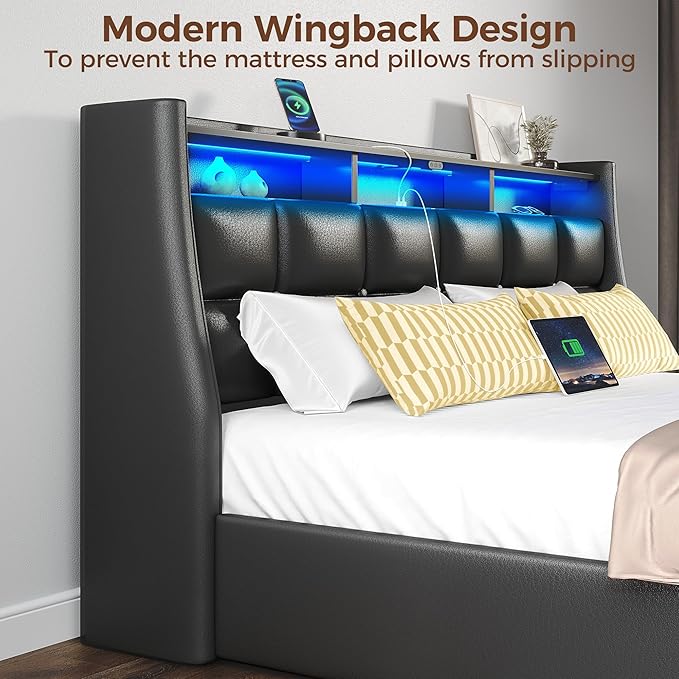 Rolanstar Queen Size Bed Frame with LED Lights and Charging Station, PU Leather Bed Storage Headboard & Drawers, Heavy Duty Wood Slats, Easy Assembly, Black