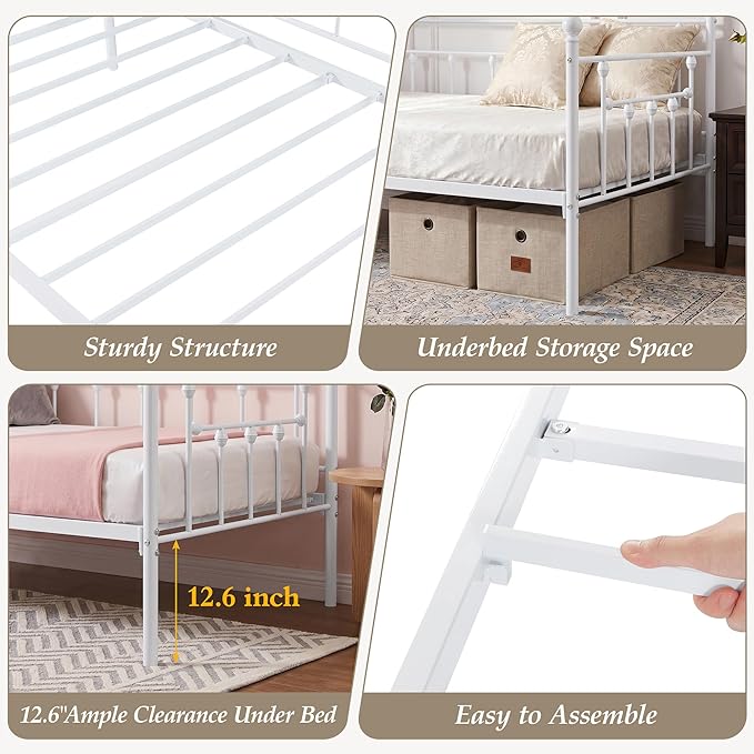 VECELO Daybed Frame, Twin Size Metal Platform Bed with Headboard,Heavy Duty Steel Slats Support for Living Room Bedroom Guest Room, Easy Assembly