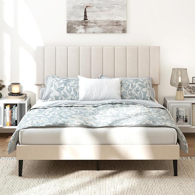 Giantex Queen Size Velvet Upholstered Bed Frame, Platform Bed with Height Adjustable Vertical Channel Headboard, Wooden Slats Support Mattress Foundation, No Box Spring Needed, Noise Free, Beige