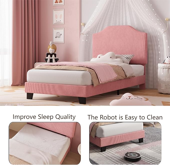 Twin Bed Frames, Corduroy Upholstered Twin Bed Frame with Cute Adjustable Headboard, Fabric with Strong Wooden Slats Support, No Box Spring Needed, Easy Assembly, Pink