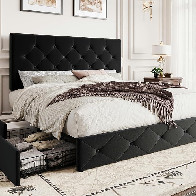 SHA CERLIN Queen Platform Bed Frame with 4 Oversized Storage Drawers, Adjustable Headboard with Velvet Upholstery, Diamond Button Tufted Design, Wooden Slat Support, No Box Spring Needed, Black