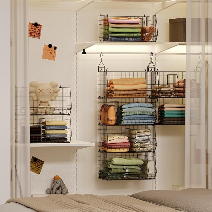 4 Tier Hanging Closet Organizer with Dividers,Extra Large Storage Hanging Shelf with 5 S Hooks 4 Dividers,Hang on wire closet shelving Clothes Organizer-Black