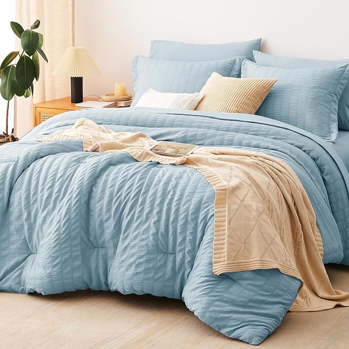 CozyLux Full Size Comforter Sets with Sheets 7 Pieces, Light Blue Seersucker Bed in a Bag Textured Luxury Soft Bedding Set with Down Alternative Comforter, Sheets, Pillowcases & Shams for All Seasons