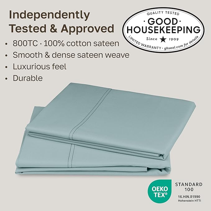 California Design Den Heirloom Soft, Smooth & Thick Certified 800 Thread Count 100% Cotton Sateen, 2 Pillow Cases King Size, Fits King Pillows (Soft Celadon)