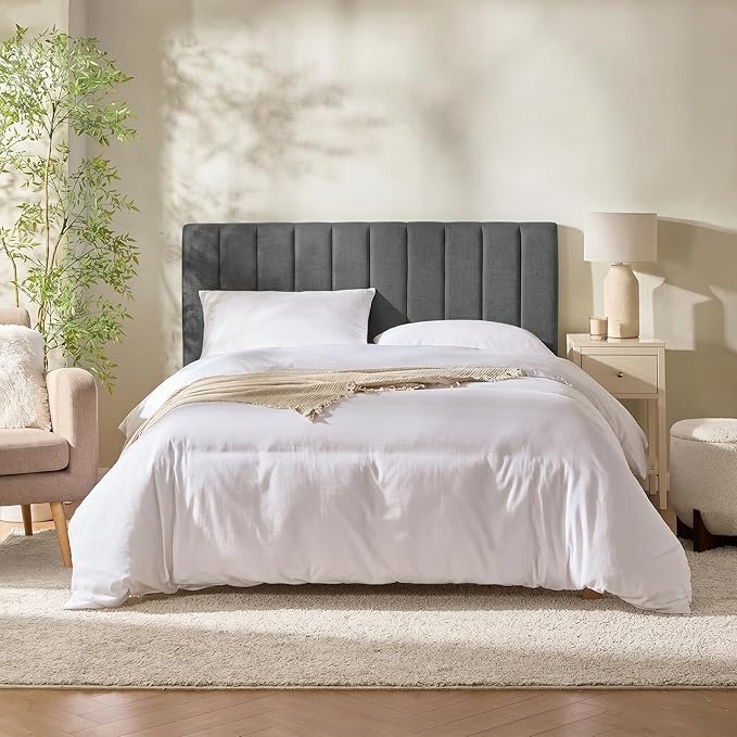 Hearth & Harbor Upholstered Full Headboard - Easy Assemble Channel Stitched Headboard Full Size - Wall Mounted Headboards with 3D Soundproof Wall Panels Peel & Stick Floating Headboards, Grey