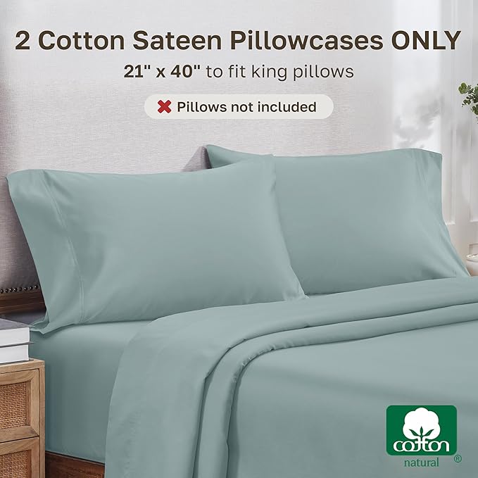 California Design Den Heirloom Soft, Smooth & Thick Certified 800 Thread Count 100% Cotton Sateen, 2 Pillow Cases King Size, Fits King Pillows (Soft Celadon)