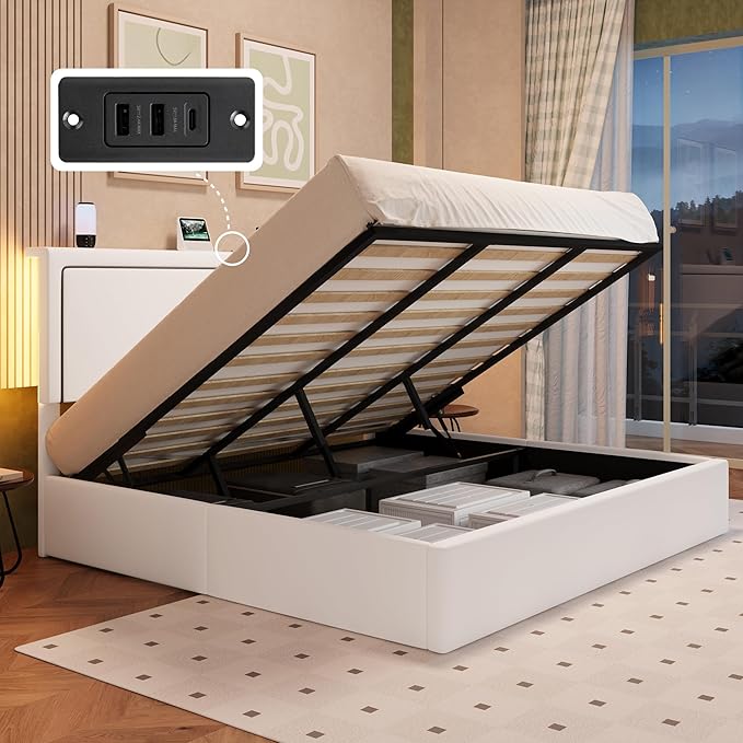 Allewie King Size Lift Up Storage Bed Frame with Charging Station & LED Lights, Adjustable Velvet Upholstered Storage Headboard, Type-C & USB Ports, Hydraulic Support, No Box Spring Needed, White
