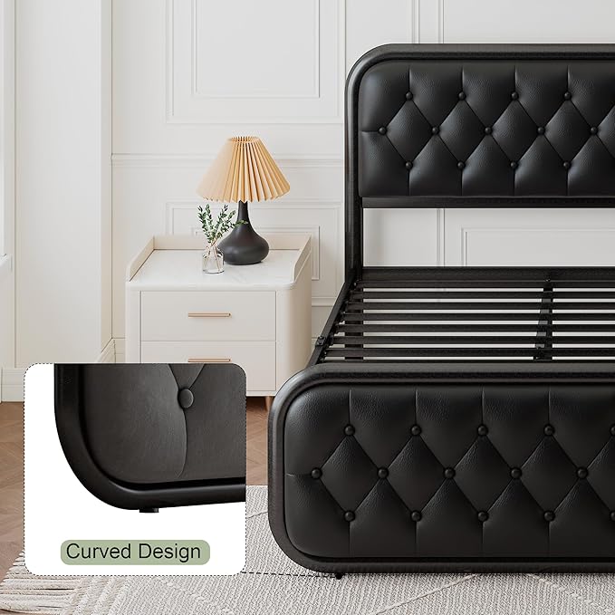 Feonase King Size Bed Frame, Upholstered Bed Frame with Faux Leather Headboard, Heavy Duty Platform Bed with Strong Metal Slats, 12 Inch Under-Bed Storage, Noise-Free, Easy Assembly, Matte Black