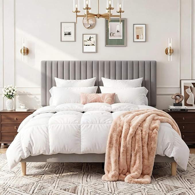 GAOMON Full Bed Frame with Adjustable Headboard, Velvet Upholstered Platform Full Size Bed Frame, Vertical Channel Tufted, Strong Wooden Slats, No Box Spring Needed, Easy Assembly, Grey