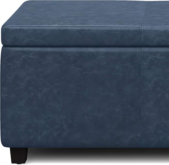 SIMPLIHOME Avalon Storage Ottoman Bench - 48" Wide x 16" High Upholstered Vegan Leather Rectangular Lift-Top Ottoman in Denim Blue, Contemporary Storage Bench for Living Room with High-Density Foam