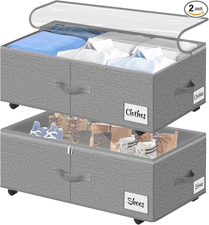 Under Bed Storage with Wheels, 2-Pack 10" Height XXL 60L Rolling Storage Bins, Quick Assembly Underbed Shoe Storage Containers with Clear Lid & Label, Dorm Under Bed Drawers for Clothes, Shoes, Grey