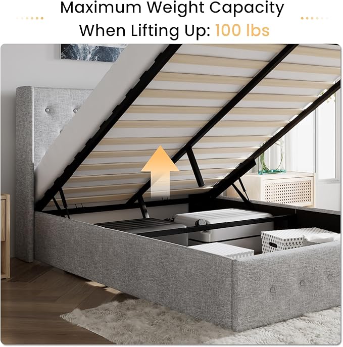 SHA CERLIN Queen Size Lift Up Storage Bed Frame,Button Tufted Wingback Headboard,Upholstered Platform,Hydraulic Storage,Wooden Slat Support,No Box Spring,Light Grey