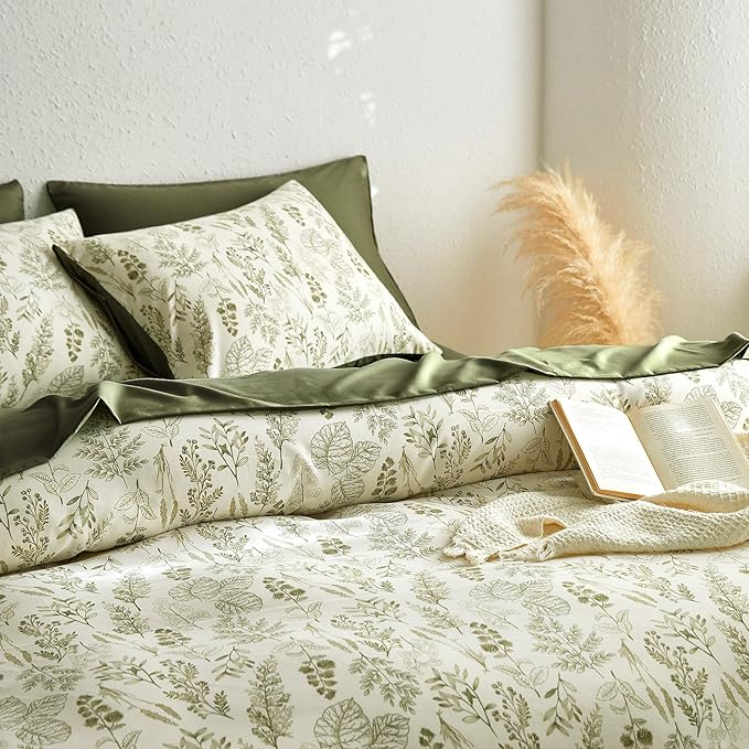 Wake In Cloud - Floral Duvet Cover Set, Botanical Vintage Flower Coquette Cottagecore Aesthetic for Women Teen Girls, Soft Lightweight Bedding, 3-Piece, Olive Green, Twin/Twin XL Size