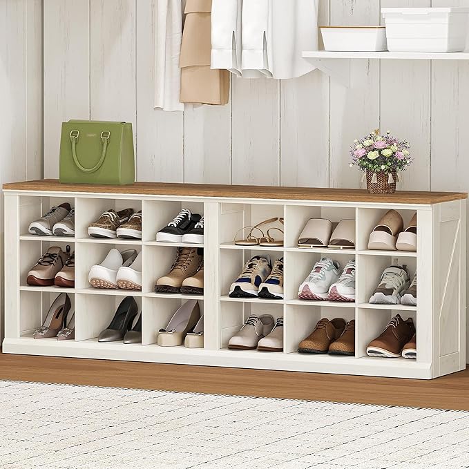 Hzuaneri Farmhouse Shoe Storage Bench, Entryway Shoe Cubby Bench, Widened Wooden Shoes Cubbies with Compartments, Shoes Rack Benchs for Cloakroom, Entryway, Antique White SB54514X