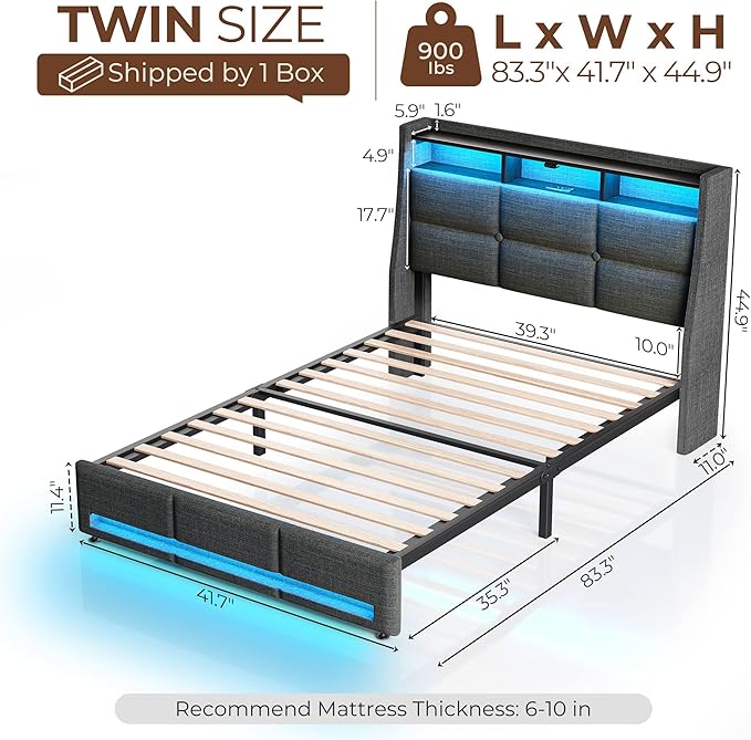 Rolanstar Twin Size Bed Frame with LED Lights and Charging Station, Upholstered Headboard with 2-Tier Storage Shelves, Heavy Duty Metal Frame, Noise-Free Support, Easy Assembly, No Box Spring Needed