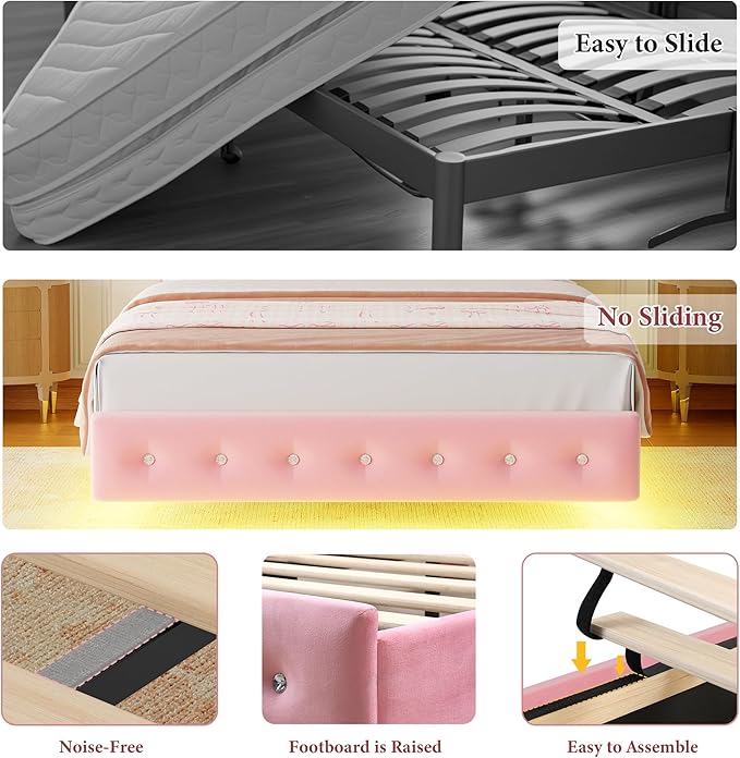 Keyluv Full Bed Frame Butterfly-Pattern Upholstered Headboard, Modern Floating Bed with LED Lights Button Tufted on Headboard and Footboard, Slats Support No Box Spring Needed, Noise-Free, Pink