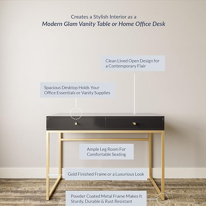 BELLEZE Modern 42 Inch Makeup Vanity Dressing Table or Home Office Computer Laptop Writing Desk with Two Storage Drawers, Wood Top, and Gold Metal Frame - Bronte (Black)