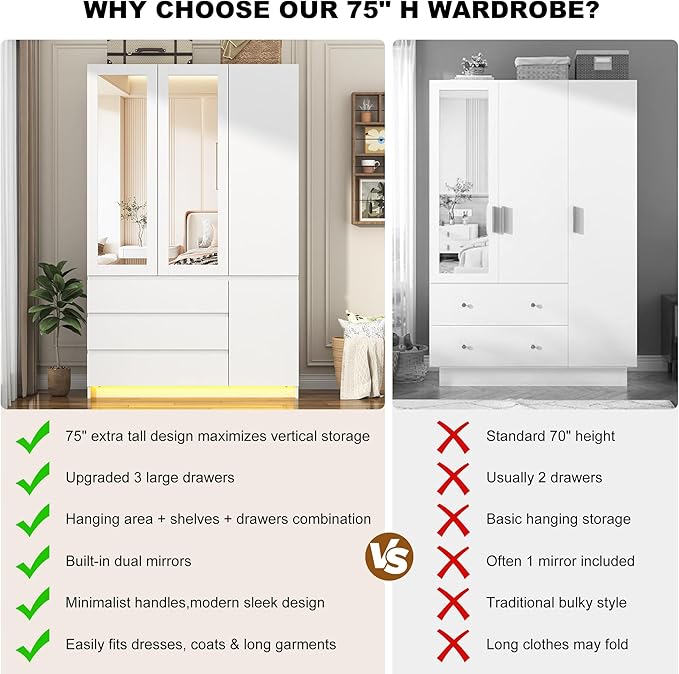 3 Doors Armoire Wooden Wardrobe Closet with 3 Drawers & 2 Mirror, 75"H Clothing Storage Cabinet with Hanging Rod,Modern Bedroom Large Freestanding Armoires with Led Lights for Bedroom,White
