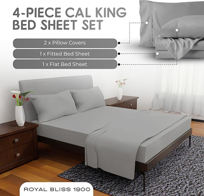 California King Sheet Sets – 4Pcs Cal King Bedding Set, Deep Pocket, Double Brushed Microfiber, Fade Resistant, Soft & Breathable Bed Sheets for Ultimate Comfort(Silver)