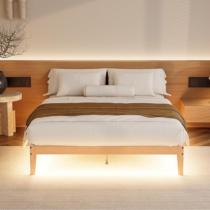 Tyndall Full Size Bed Frame with LED Lights, 12 Inch Solid Wood Platform Bed Frame with Under Bed Storage, Wooden Slats Support, Natural Finish, No Box Spring Needed, Noise Free, Easy Assembly