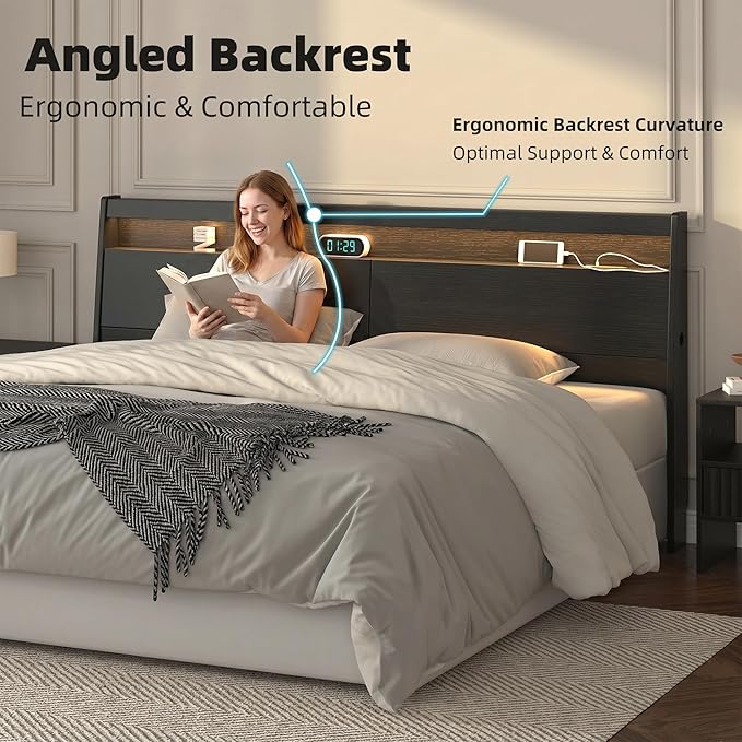 Wooden Headboard Only with Storage, Skirting Groove for Enhanced Stability, Built-in Power Outlet, 2 USB Ports & LED Light - Sturdy Stable Bed Backboard (Black, Queen)