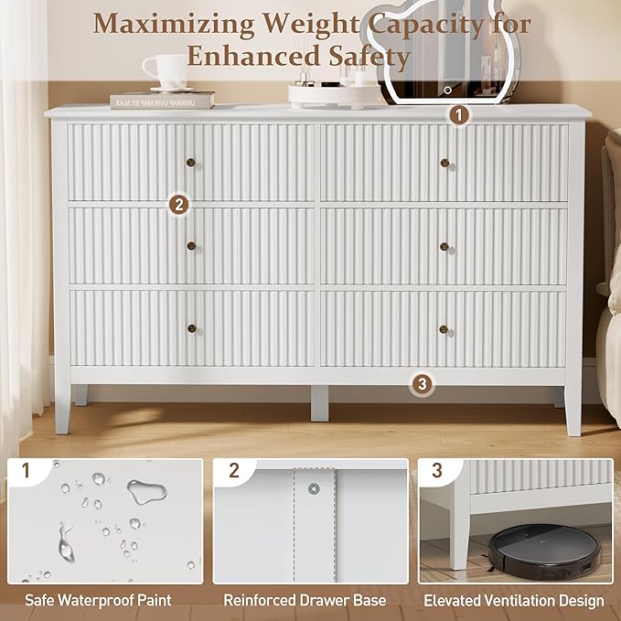 FansaFurn White Dresser Fluted 6 Drawer Dresser Wide Modern Chest of Drawers Large Closet Dressers Wood Storage Dressers Organizer Storage Cabinet for Bedroom Living Room Hallway Entryway