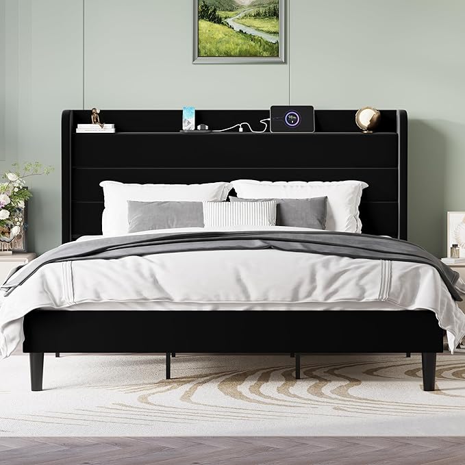 SHA CERLIN King Size Bed Frame with Charging Station, Velvet Upholstered Platform Bed, Wingback Storage Headboard, Type-C & USB Ports, Strong Wooden Slats, No Box Spring Needed, Easy Assembly, Black