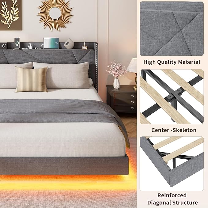 Garvee Full Size Floating Bed Frame with RGB LED Lights and Charging Station, Upholstered Platform Bed with Storage Headboard and Button Tufted Design, No Box Spring Needed, Grey